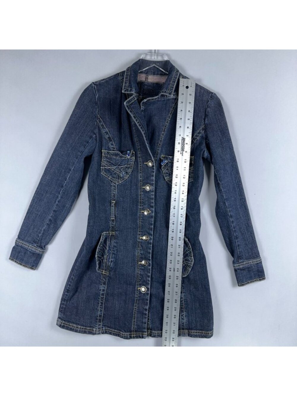Jou Jou Premium Denim Dress Size Small Button Down Long Sleeve Notch Lapel - Picture 6 of 10